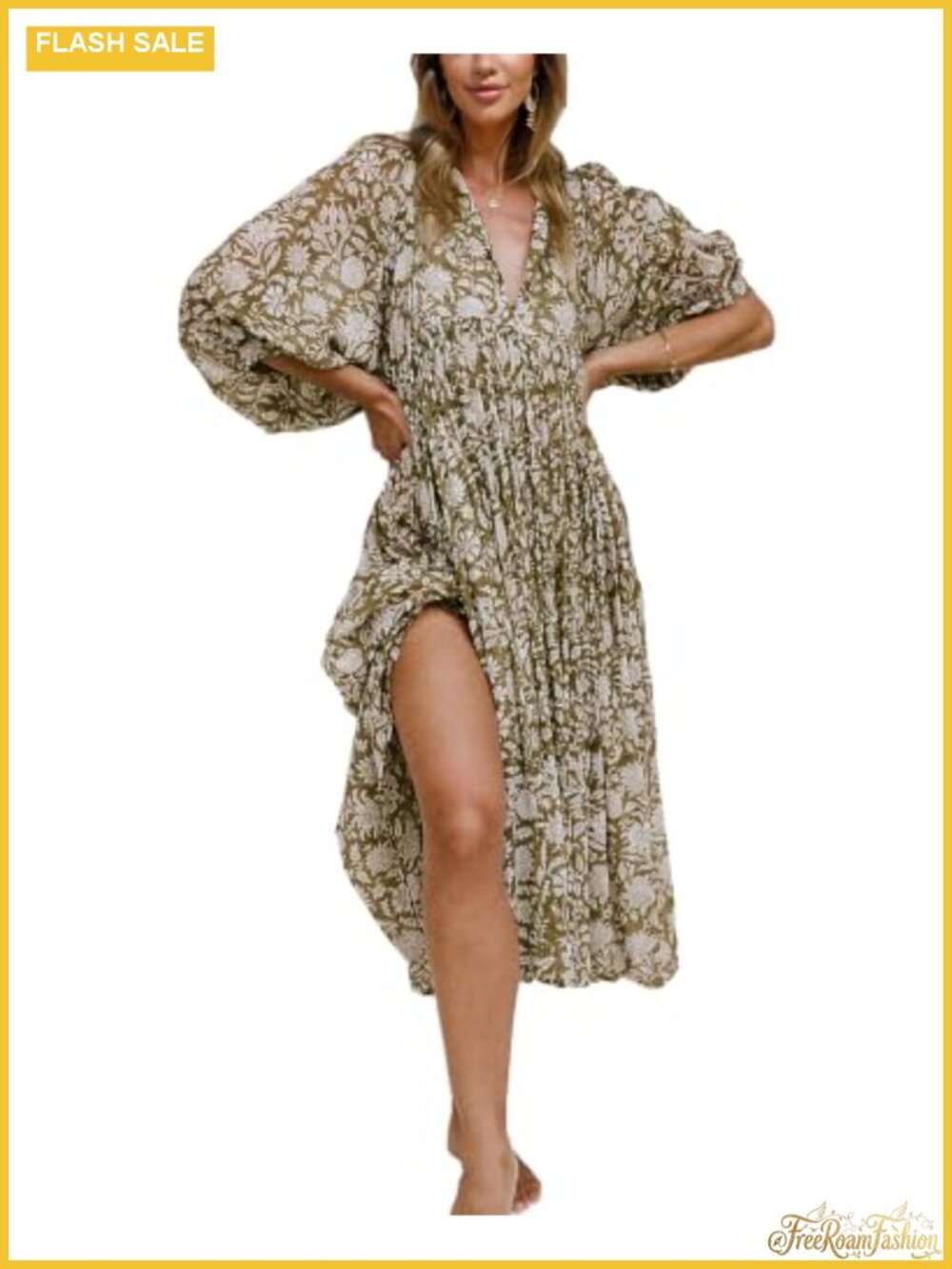 Women's Boho Floral Midi Dress Puff Sleeve Rayon